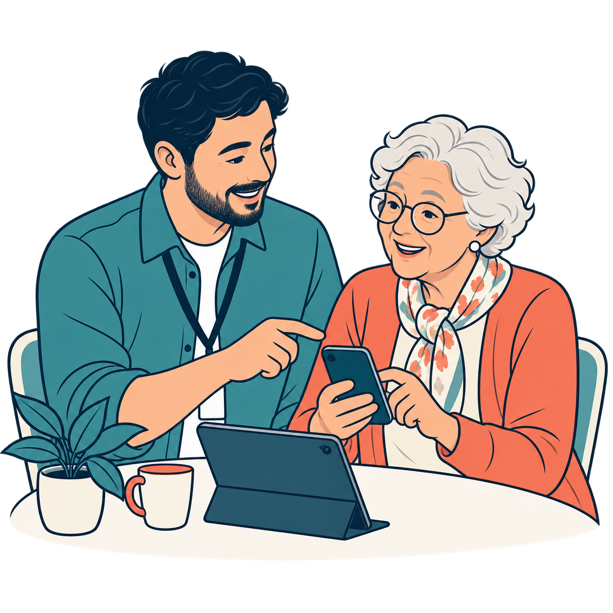 A technology helper showing a senior how to use a smartphone
