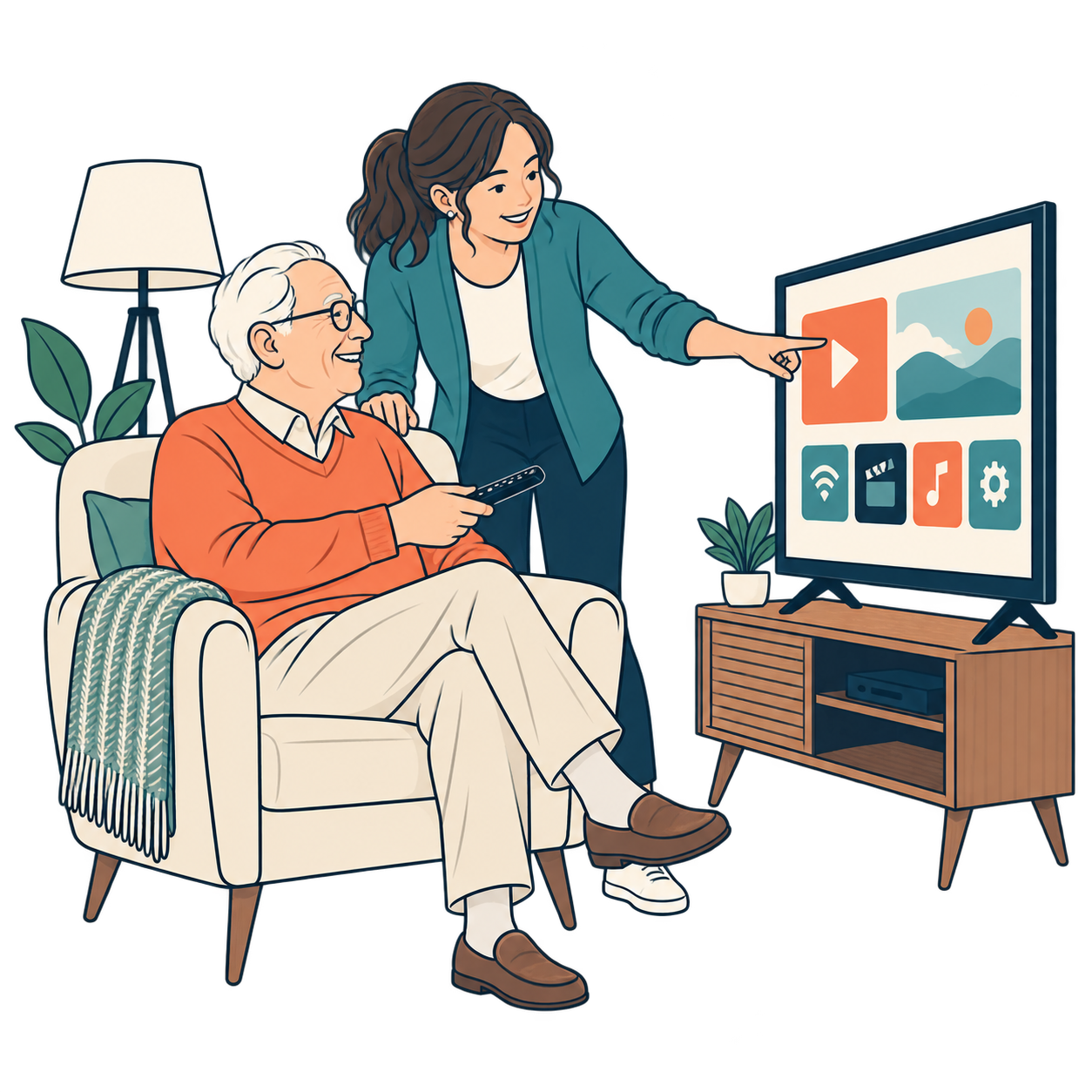 A helper showing a senior how to use a television